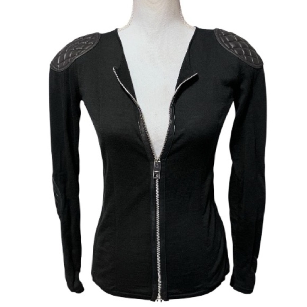Burberry women’s black silk, fine merino wool & leather zip cardigan sweater